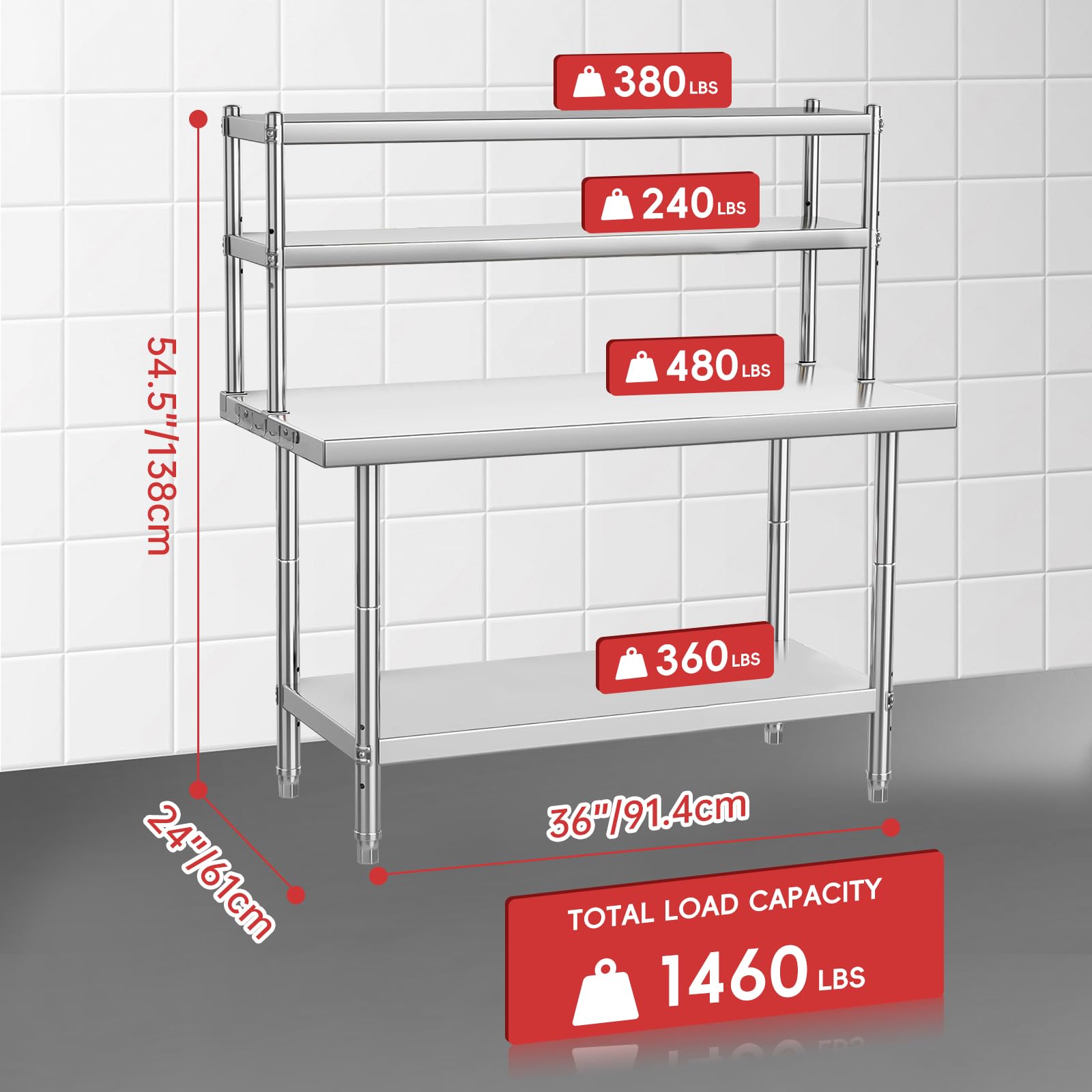 Tavolo da lavoro in acciaio inox Garvee – Regolabile, antiruggine, dimensioni complessive 91x61x138 cm, capacità di carico 662 kg per officina e cucina