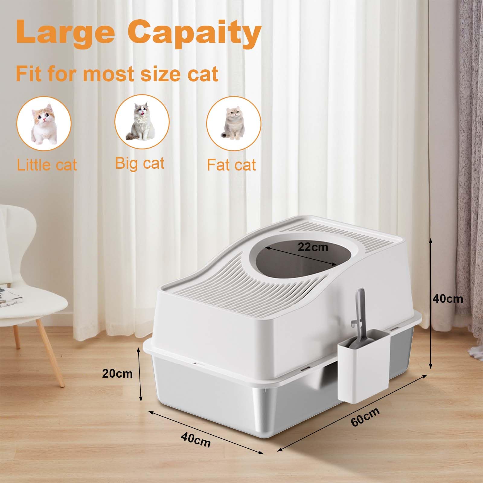 Lettiera per gatti Garvee in acciaio inox con coperchio, contenitore per lettiera chiuso per gatti fino a 15 kg, per uso domestico, silenziosa, con paletta