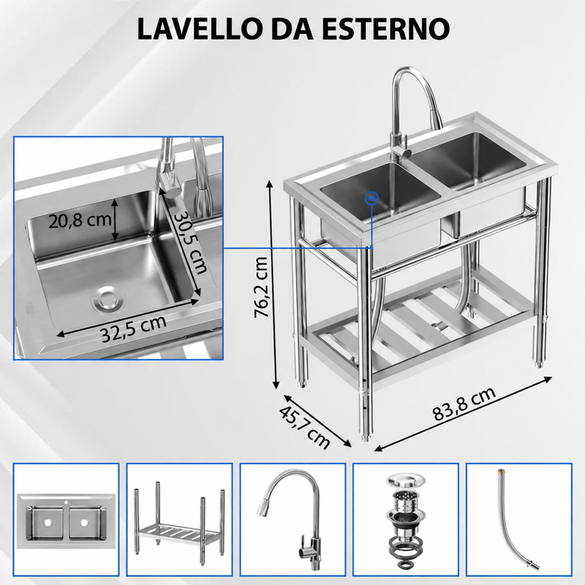 Lavello doppio in acciaio inossidabile Garvee da 83.8 cm per garage e giardino, rubinetti per acqua calda e fredda, argento antiruggine, indipendente