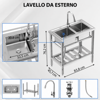 Lavello doppio in acciaio inossidabile Garvee da 83.8 cm per garage e giardino, rubinetti per acqua calda e fredda, argento antiruggine, indipendente