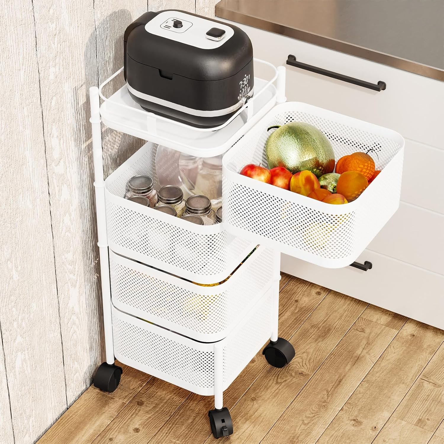 Carrello da cucina con ruote in metallo bianco a 4 ripiani Garvee, 78x28x28 cm, per soluzioni di stoccaggio ampliate in cucina, cantina e officina, facile da manovrare