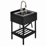 Lavello in acciaio inox Garvee 65x53x100 cm – Lavello singolo freestanding per cucina, lavanderia ed esterni – Struttura nera, vasca in acciaio inox - Nero e argento