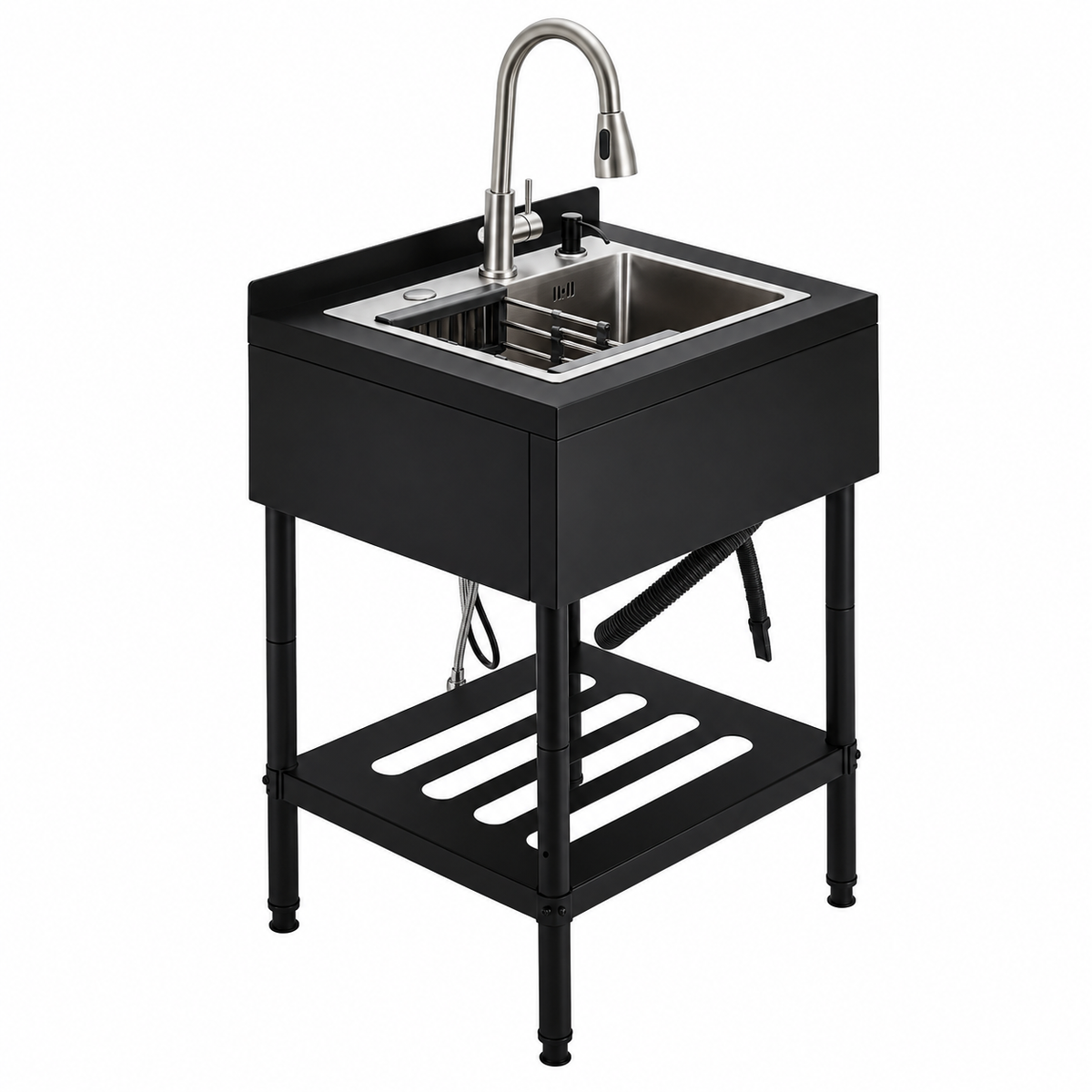 Lavello in acciaio inox Garvee 65x53x100 cm – Lavello singolo freestanding per cucina, lavanderia ed esterni – Struttura nera, vasca in acciaio inox