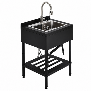 Lavello in acciaio inox Garvee 65x53x100 cm – Lavello singolo freestanding per cucina, lavanderia ed esterni – Struttura nera, vasca in acciaio inox