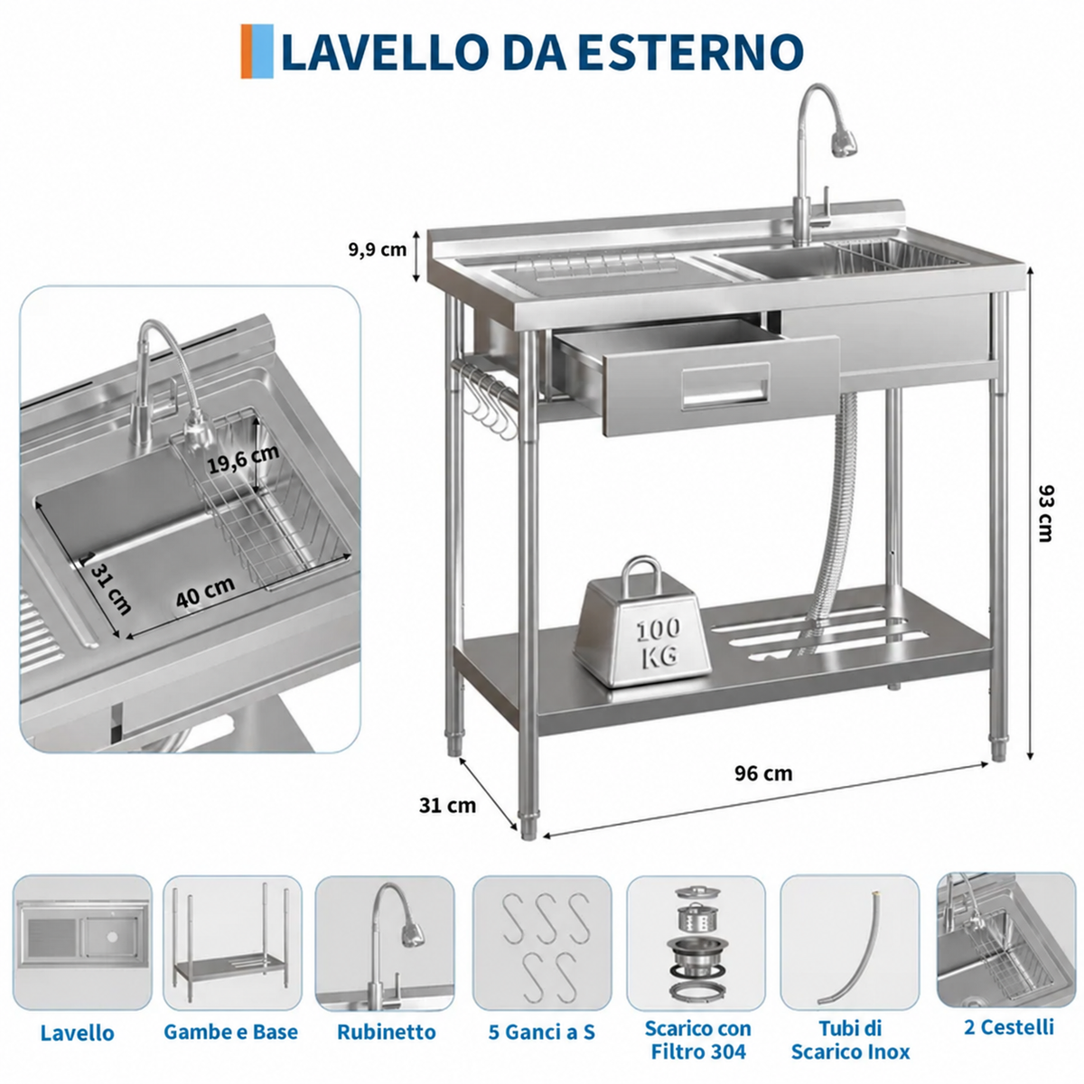 Lavabo Garvee in Acciaio Inox Fatturabile con Rubinetto Acqua Calda/Fredda, Vasca Singola, Cassetto, Indipendente per Garage e Lavanderia, Argento