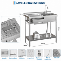 Lavabo Garvee in Acciaio Inox Fatturabile con Rubinetto Acqua Calda/Fredda, Vasca Singola, Cassetto, Indipendente per Garage e Lavanderia, Argento
