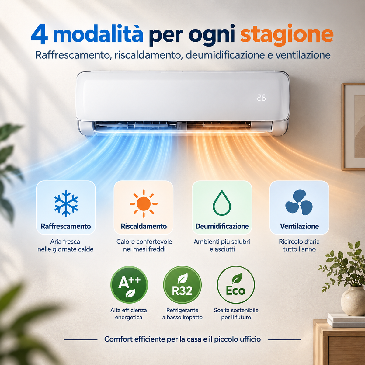 Garvee Climatizzatore Split 9000 BTU/h Bianco Con Controllo App Silenzioso Efficienza A++ Per Casa