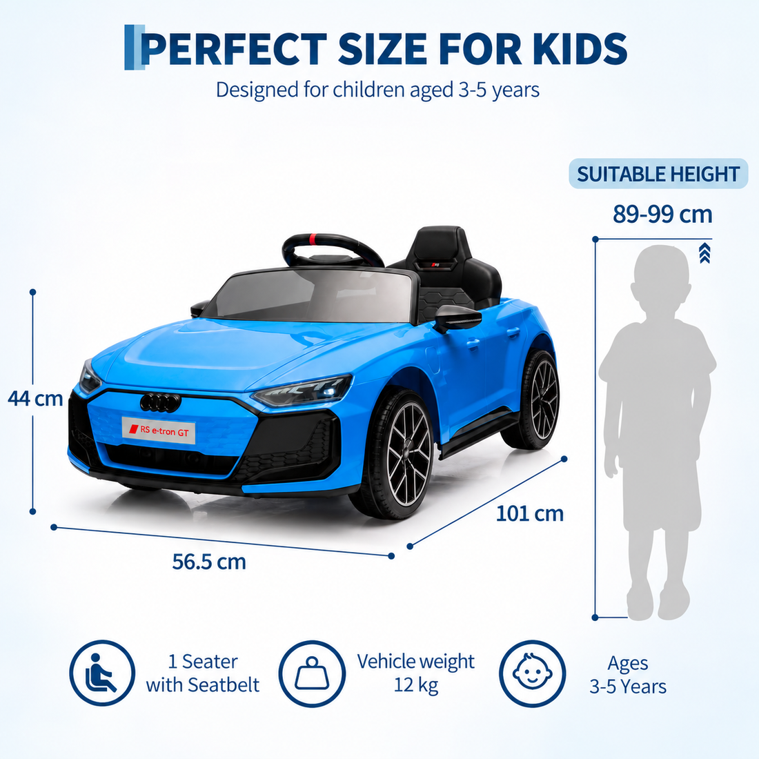 Garvee Auto elettrica per bambini RS e-Tron GT 12V a doppio motore, velocità 3-5 km/h, carrozzeria in PP, telecomando, cintura di sicurezza e dimensioni compatte ideali per appartamenti