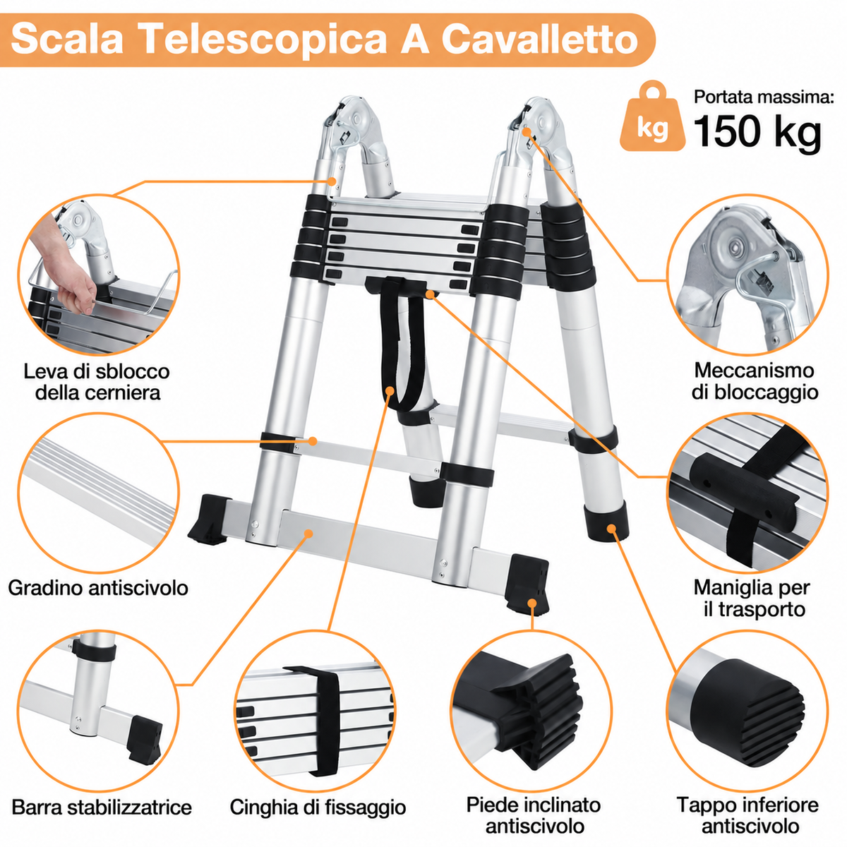 Scala Telescopica Garvee in Alluminio 5 m con Piedini Antiscivolo e Stabilizzatore, Pieghevole 150kg Interno/Esterno 98×52×21.5 cm