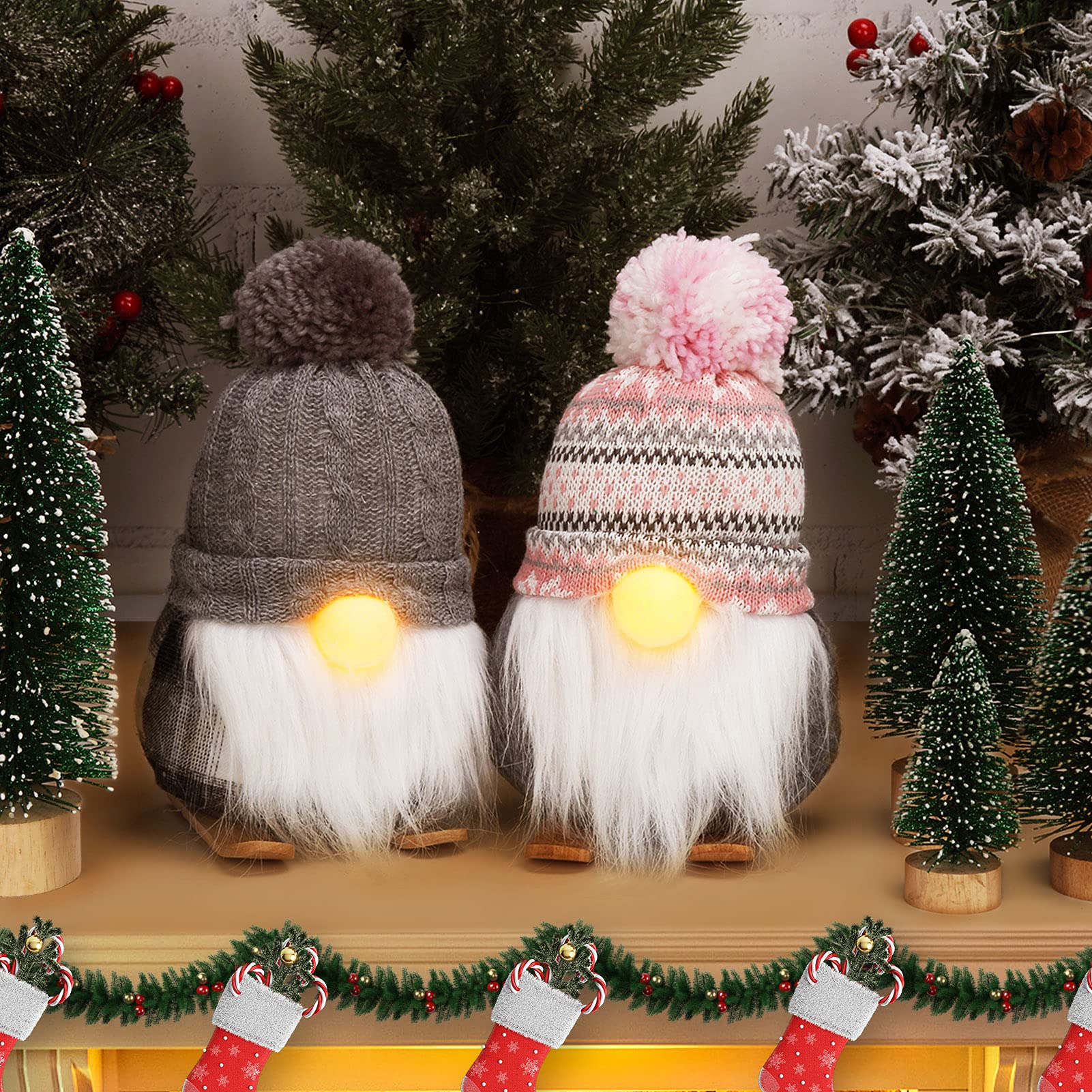 Garvee Set di 2 gnomi natalizi con naso a LED e sci in legno, fatti a mano, 8 pollici, grigio e nero, decorazione da tavolo e mensola