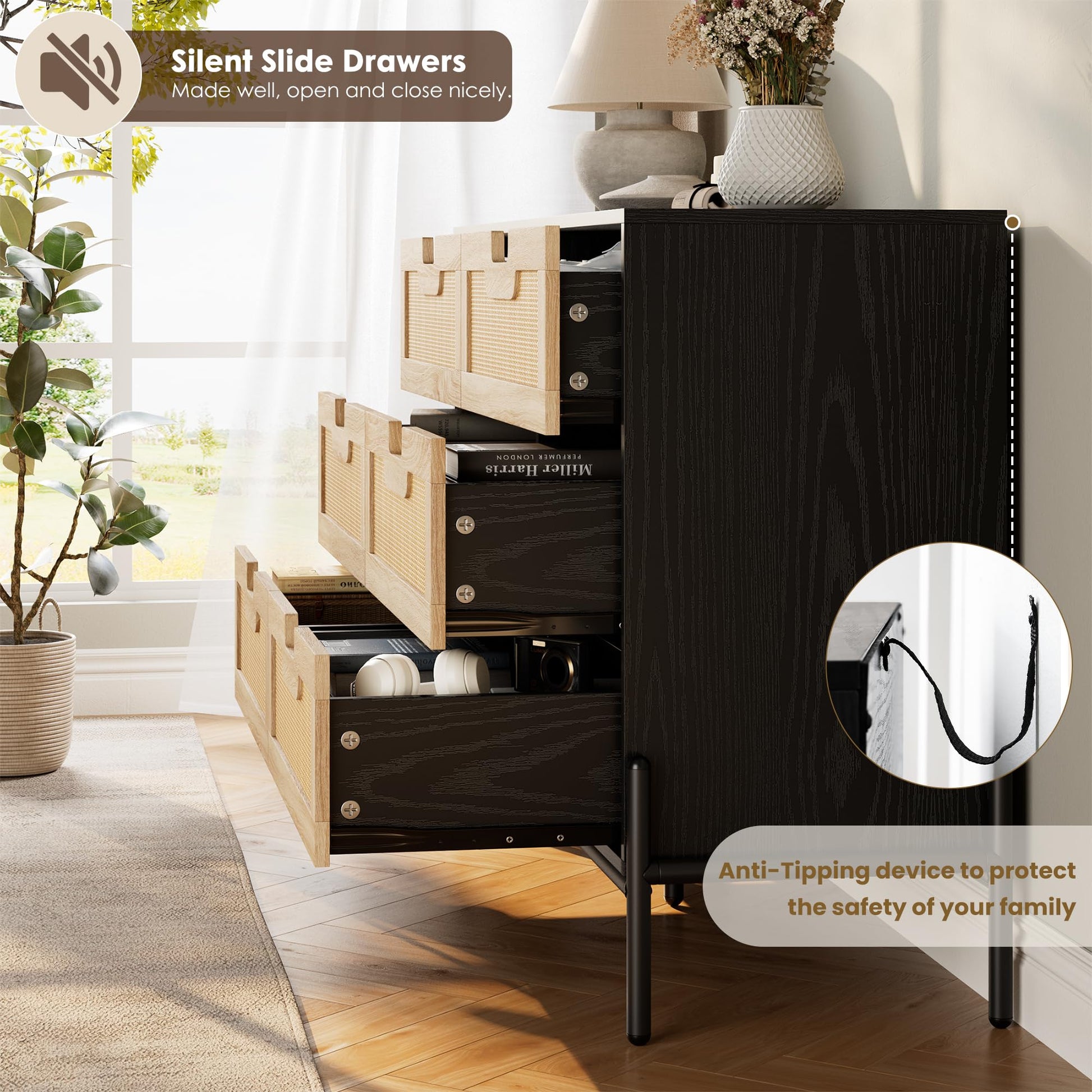 Cassettiera Garvee in rattan naturale con 6 cassetti, gambe in legno e metallo, per camera da letto e soggiorno, impermeabile, resistente, design moderno