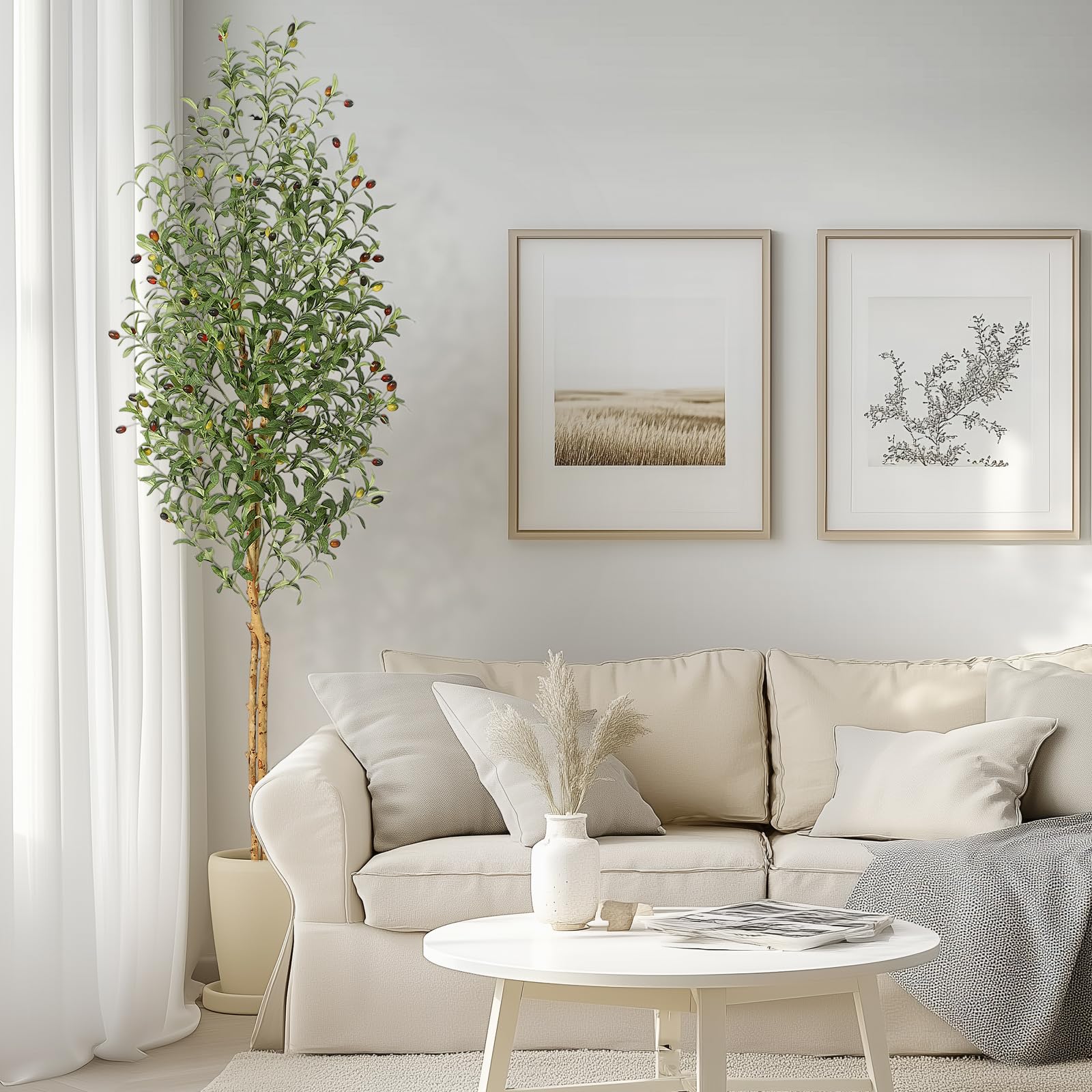 Albero di ulivo artificiale Garvee da 2,1 m con 2 tronchi di legno, 1152 foglie di seta, vaso in cemento bianco, decorazione per soggiorno, rami regolabili, verde realistico