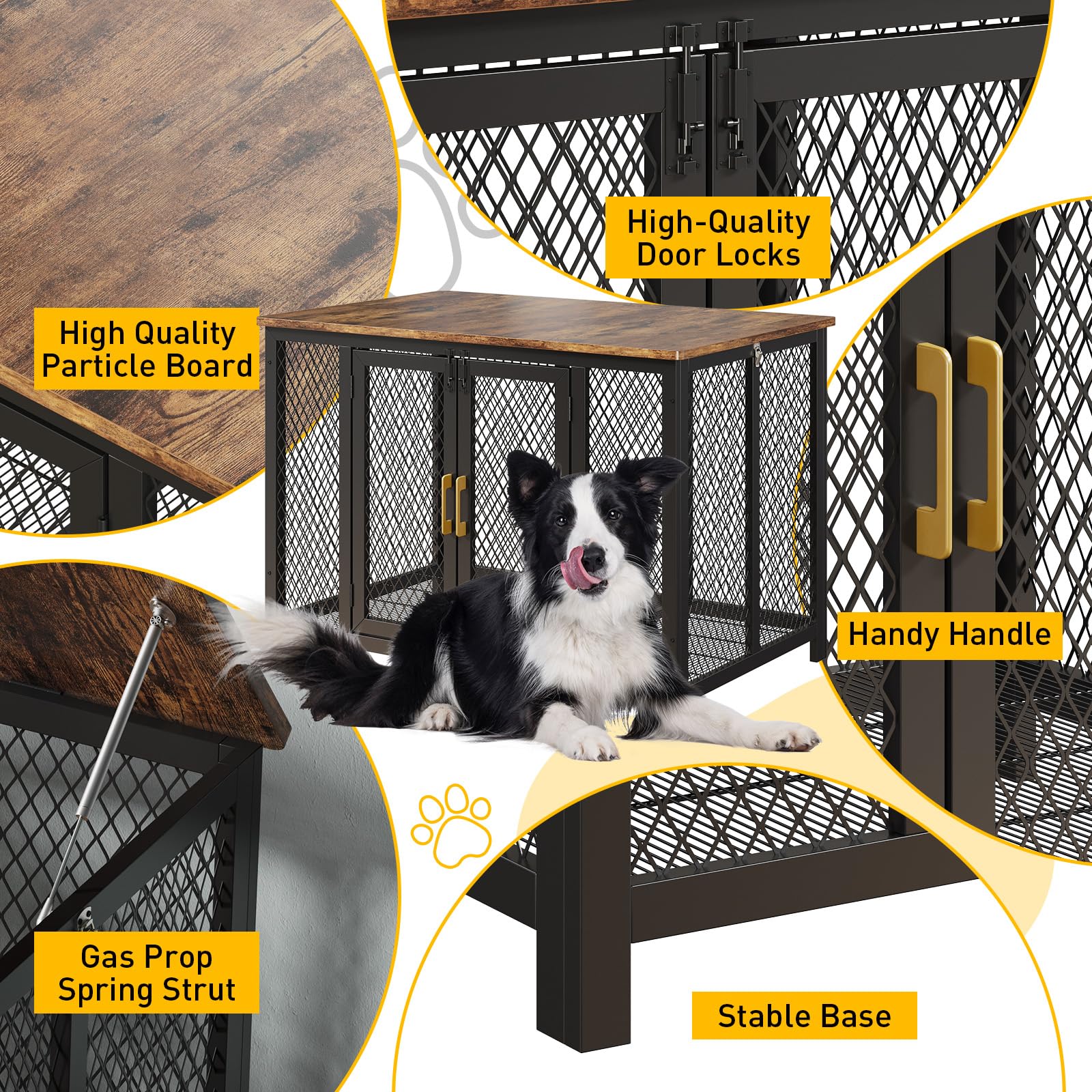 Gabbia per cani Garvee per uso domestico, 118,5 x 78 x 82,5 cm, legno e acciaio al carbonio, gabbia per animali domestici con 2 porte, coperchio incernierato, marrone, per cani di piccola/media/grande taglia