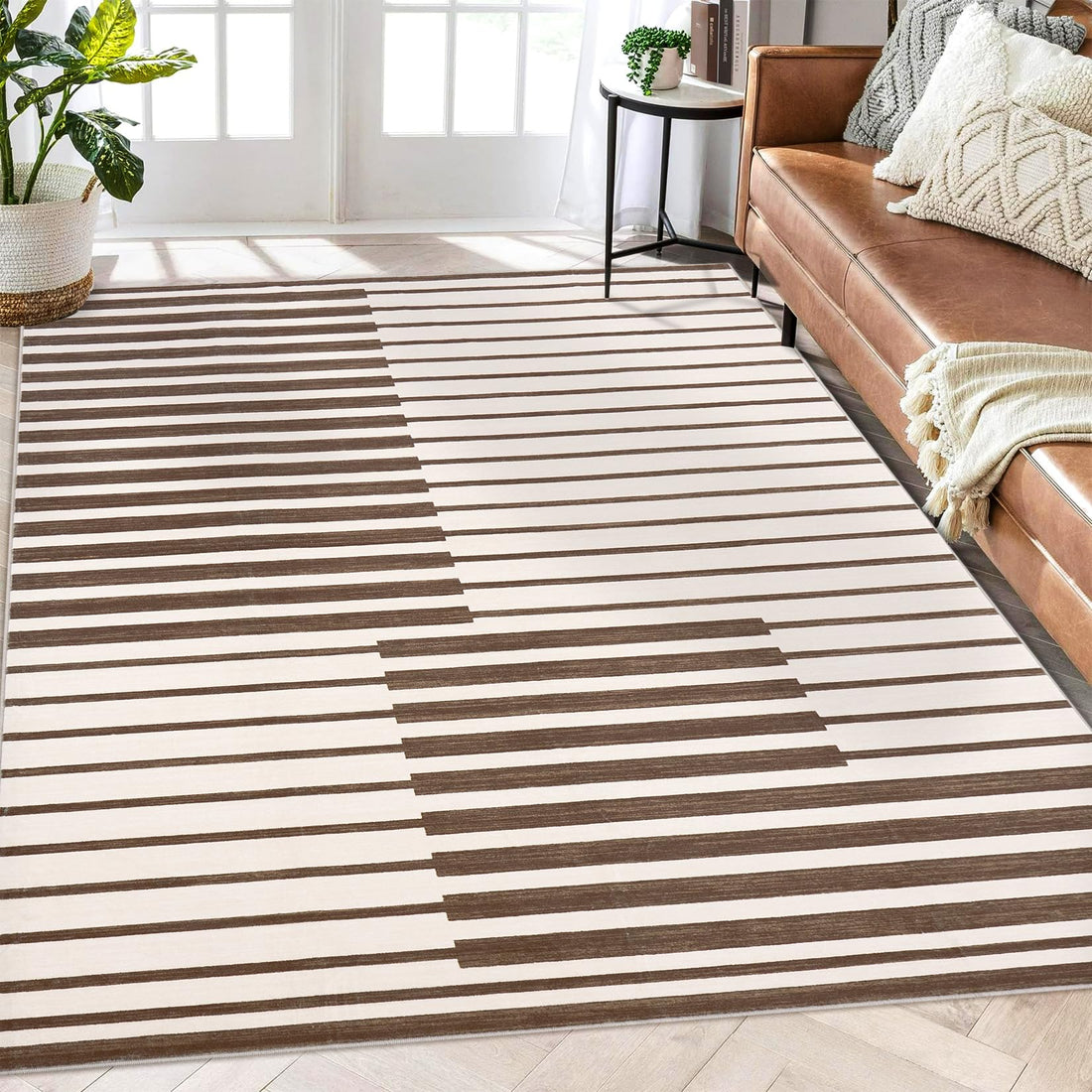 Tappeto Garvee lavabile a pelo corto per soggiorno e camera da letto, 120x170 cm, marrone, antiscivolo, facile da pulire