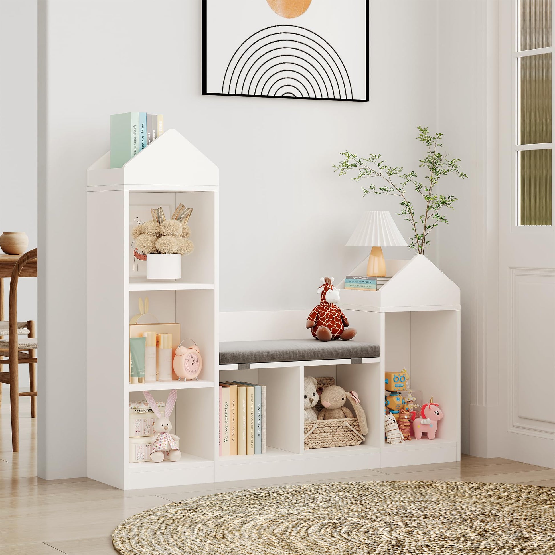 Libreria per bambini Garvee con angolo lettura, 6 ripiani, in legno, design moderno del tetto, per camerette e aule, 42,32x47,75x11,8 pollici