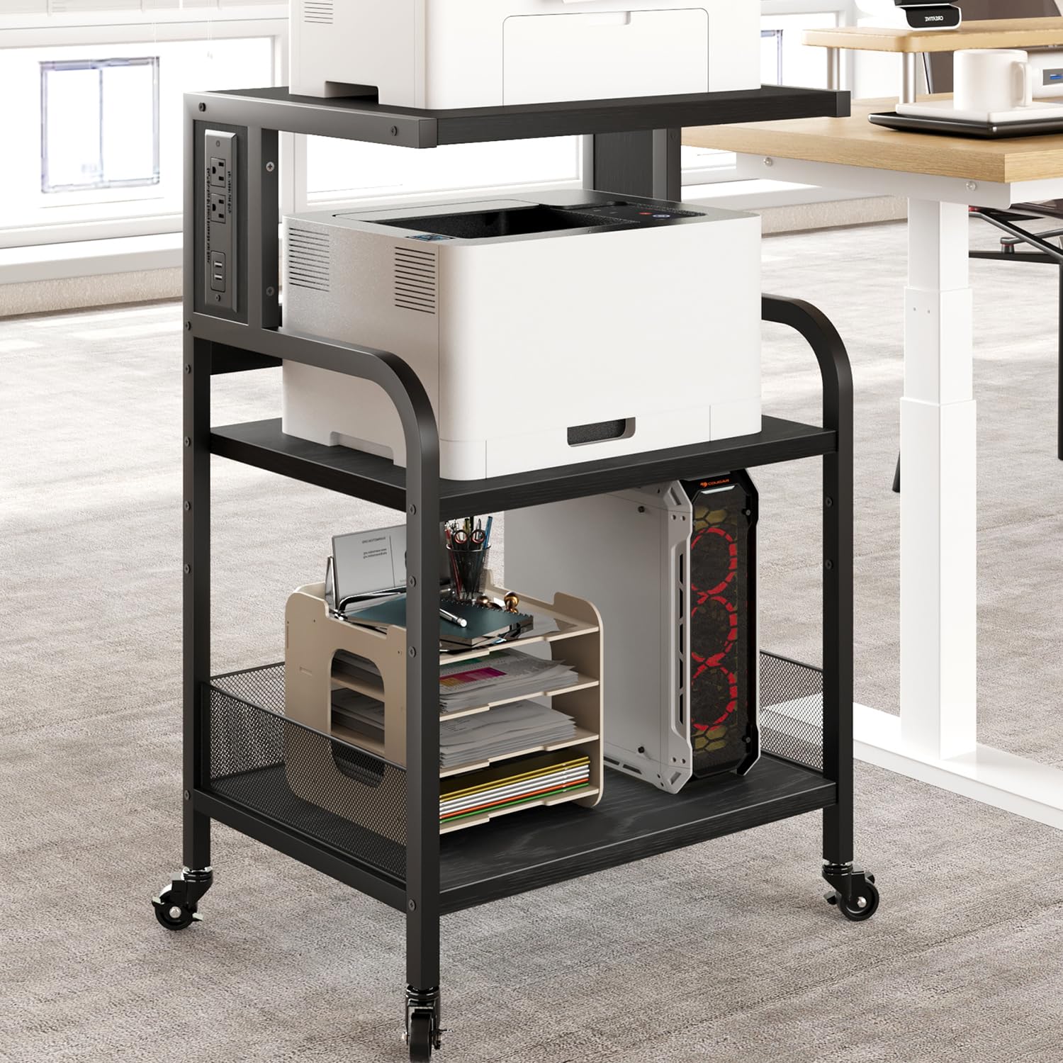 Supporto per stampante mobile Garvee di grandi dimensioni con 2 porte CA e 2 porte USB, regolabile su 3 livelli, metallo e MDF, 4 ruote con freni, impermeabile, per ufficio e casa, 20,46" x 15,76" x 31,46"