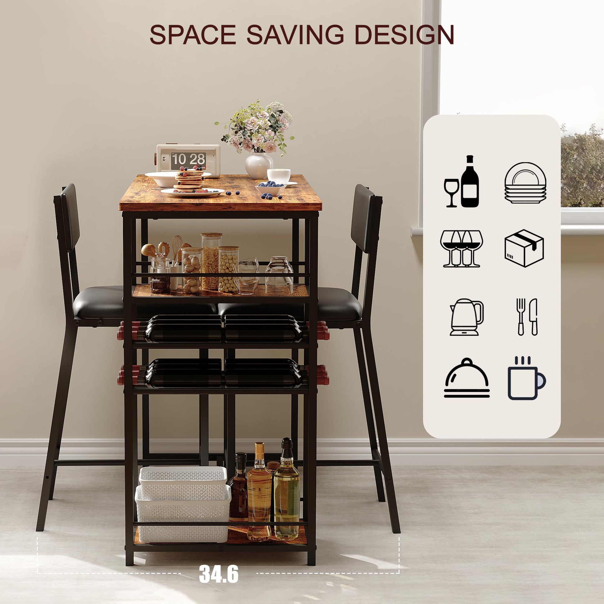 Tavolo da pranzo piccolo Garvee per 2 persone con 4 ripiani, portabottiglie, sedute imbottite, struttura in acciaio robusto, salvaspazio per cucine e studi di piccole dimensioni