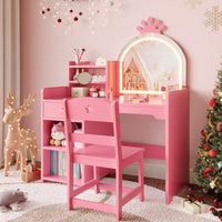 Tavolo da toeletta per bambini Garvee con specchio illuminato, set da toeletta 2 in 1 a forma di principessa, contenitore in legno per la cameretta delle bambine, cassaforte