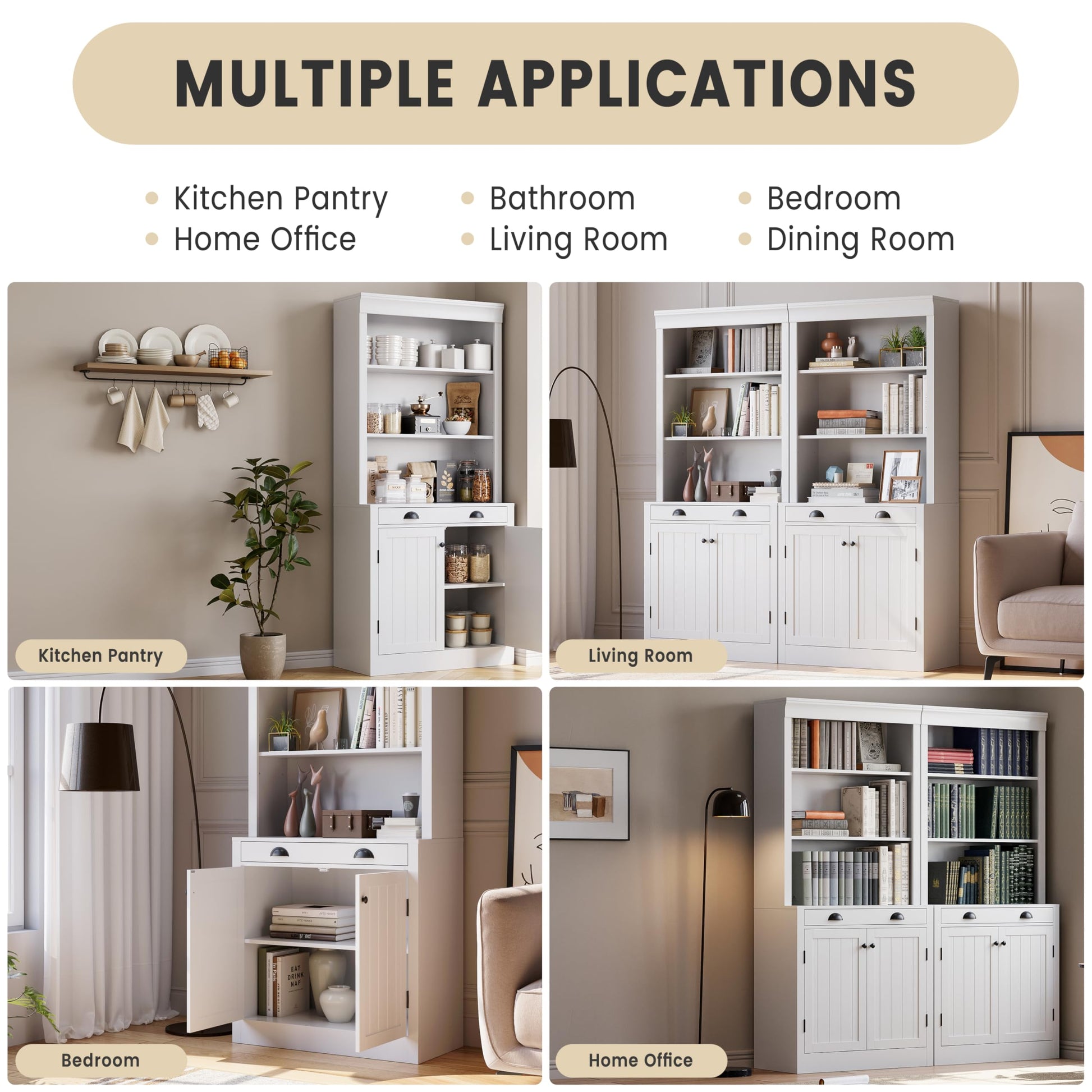 Libreria Garvee alta 71" con cassetto, 5 ripiani, ripiani regolabili, legno, ante a persiana, bianca per soggiorno e ufficio, robusta e versatile