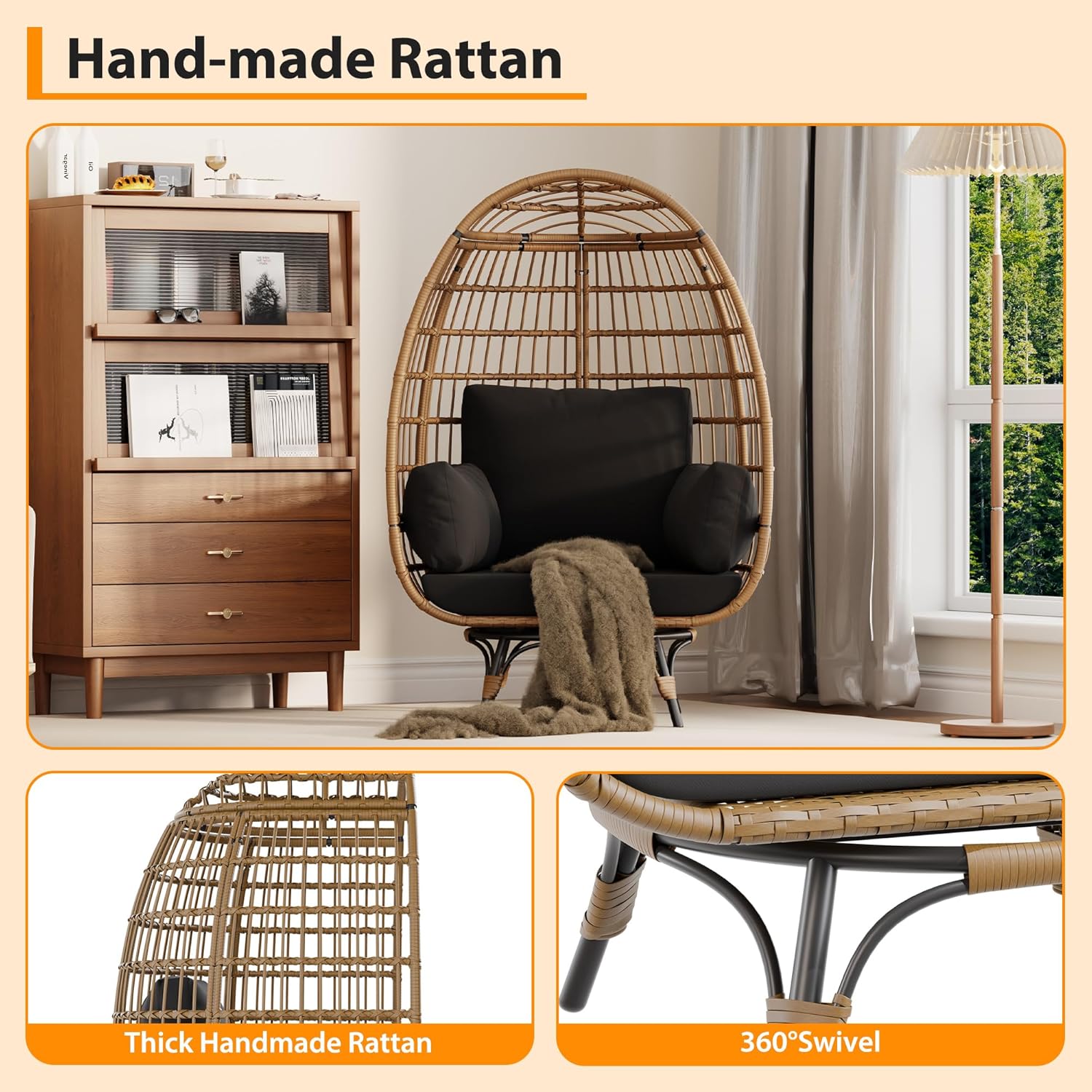 Garvee Sedia a Uovo Girevole 360° in Rattan PE Oversize con Cuscino Imbottito per Giardino e Balcone, 96x75.4x145.3 cm, Resistente all'Acqua e UV