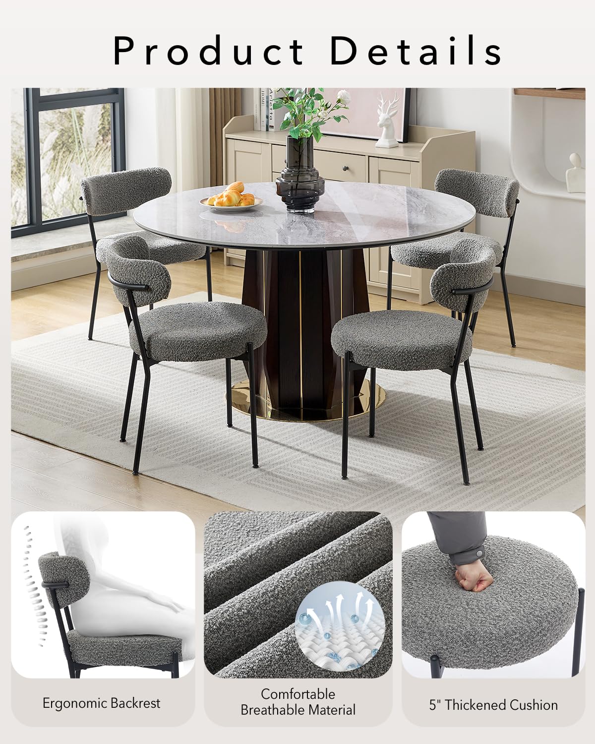 Set 2 sedute per Pranzo Garvee Mid Century Bouclé Viol e shinale regolabi Viol in metallo in schiuma ad alta densità Ergonomiche per sala da Pranzo Nero