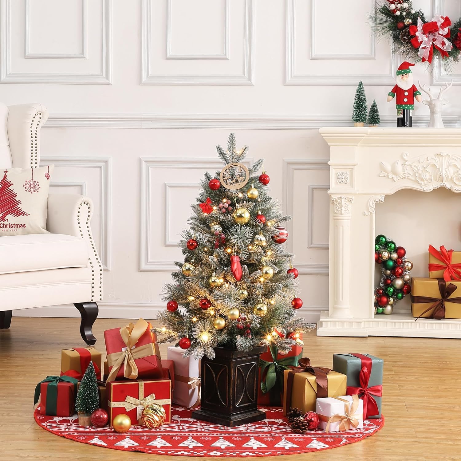 Albero di Natale Artificiale Garvee 90 cm con 78 LED Bianco Caldo - 8 Modalità Luce, Fibra Ottica, Effetto Gelo e Base Semicircolare