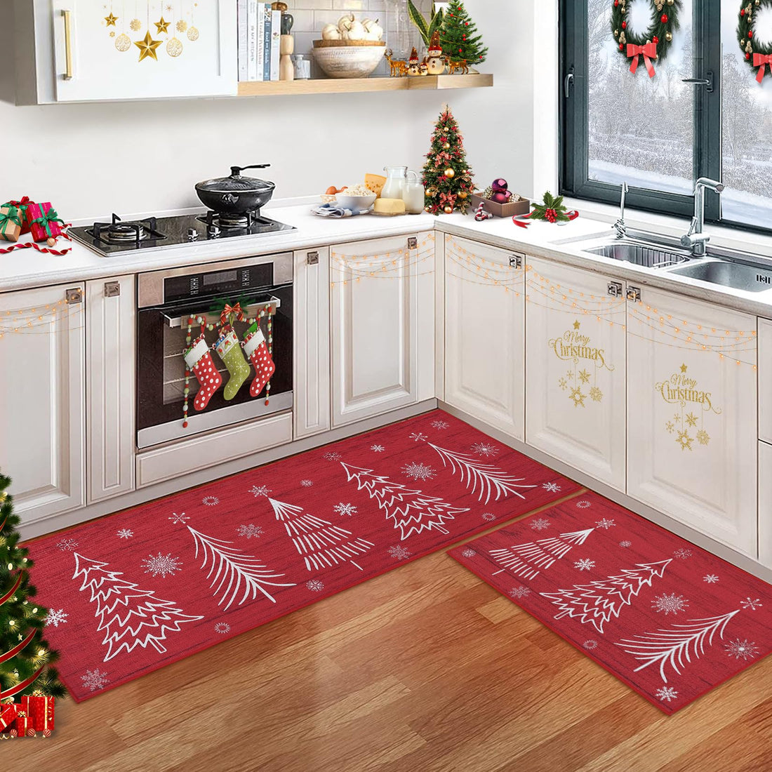Set di tappeti da cucina Garvee antiscivolo, 2 pezzi, 40x60 cm + 40x120 cm, rosso e verde