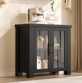 Mobile Buffet Credenza con Ante in Vetro Temperato, Maniglie in Metallo, Finitura in Legno Naturale, Struttura Robusta, Nero, per Soggiorno e Cucina - Nero