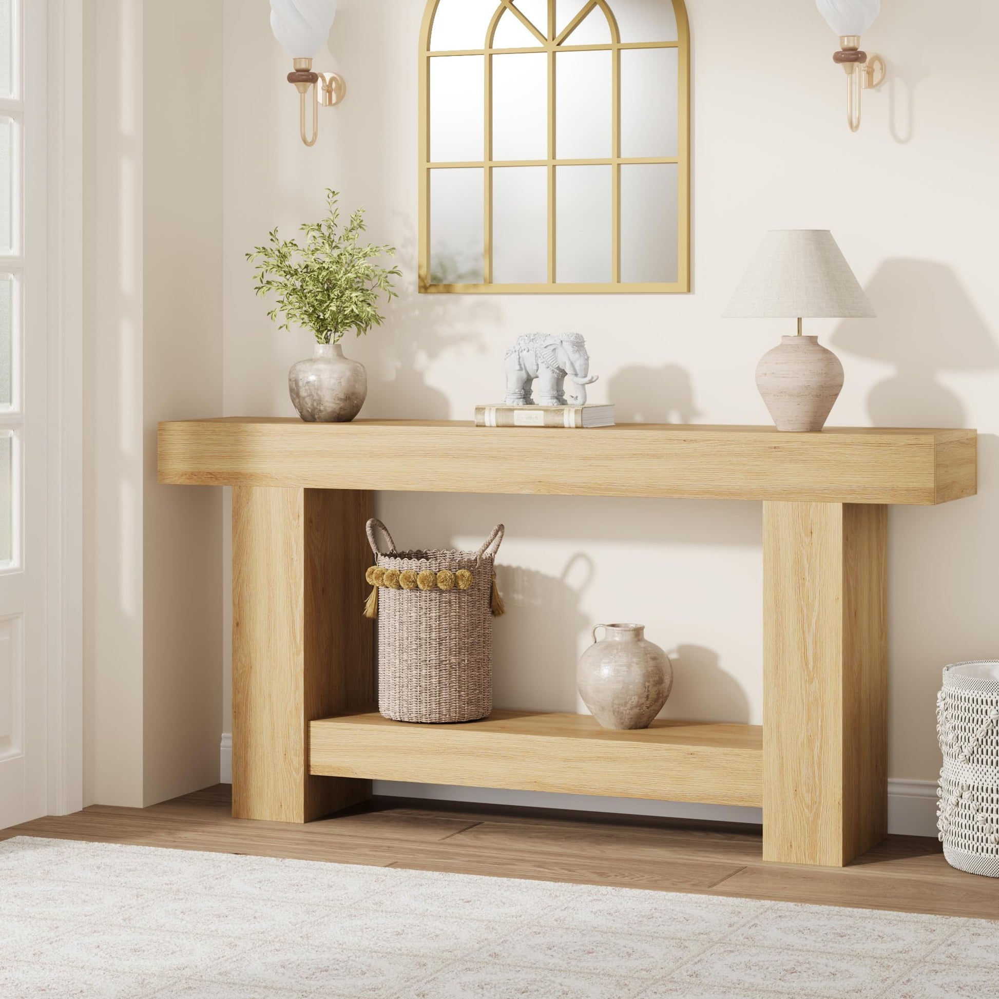 Tavolo consolle Garvee da 63" per corridoio con 2 ripiani, base stabile, stile rustico country, rettangolare, soggiorno e ingresso, color legno