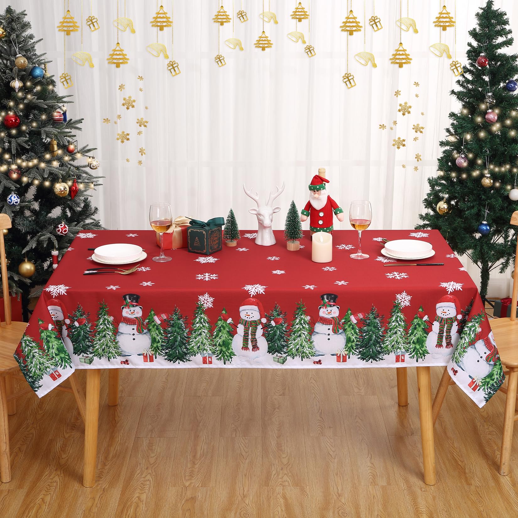 Tovaglia natalizia Garvee con motivo pupazzo di neve, impermeabile, antipiega, poliestere rosso, 54x108 pollici, decorazione per sala da pranzo
