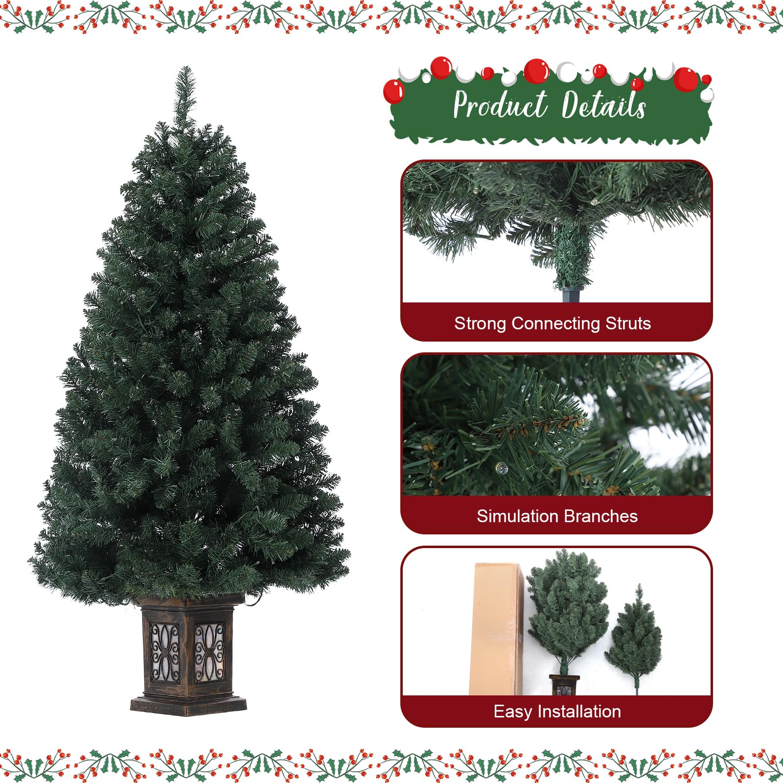 Albero di Natale vintage Garvee da 145 cm con struttura in metallo, 300 LED, 8 modalità, spina UE e scatola luminosa a forma di uccello a nove teste