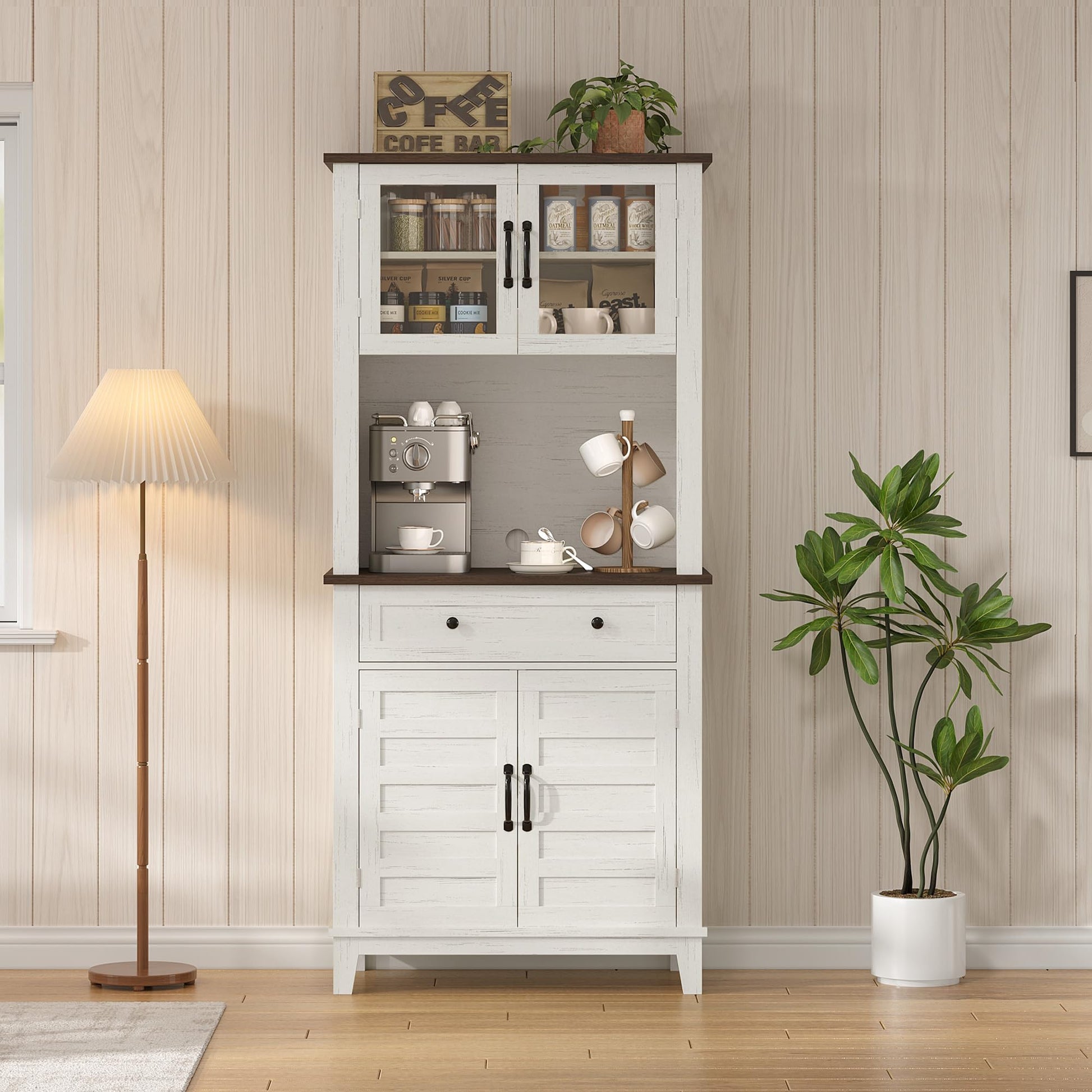 Mobile dispensa da cucina alto Garvee da 182.88 cm con scomparto per microonde, spazio di archiviazione, legno, cassetti, ante in vetro, bianco, sala da pranzo