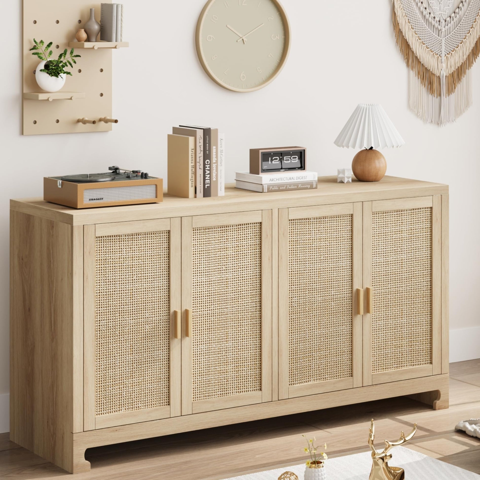 Mobiletto portaoggetti moderno in stile boho Garvee da 40 pollici con ante in rattan intrecciato, ripiano regolabile per soggiorno e cucina, bianco marrone, compatto