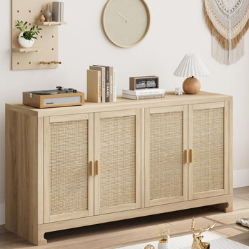 Mobiletto portaoggetti moderno in stile boho Garvee da 40 pollici con ante in rattan intrecciato, ripiano regolabile per soggiorno e cucina, bianco marrone, compatto