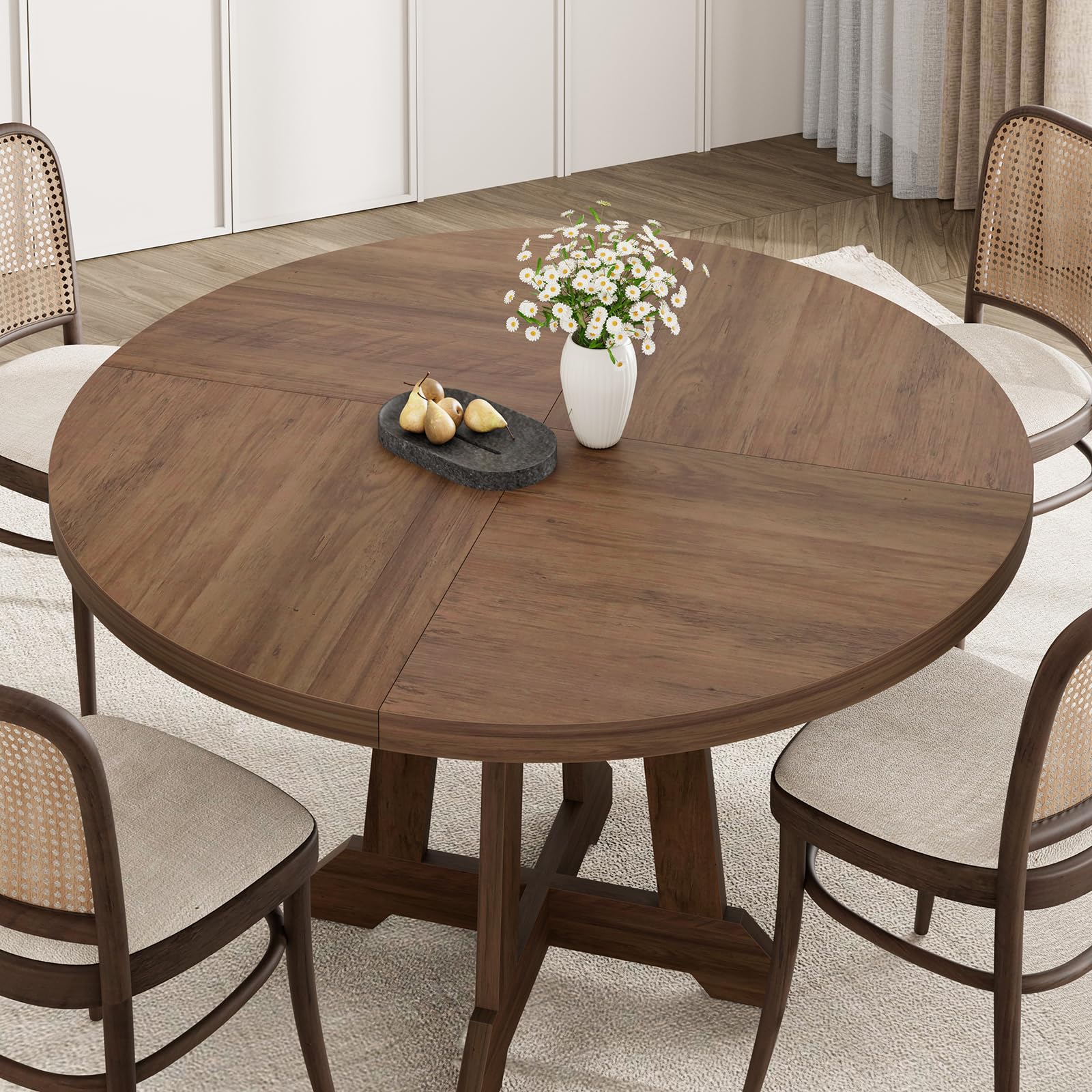 Tavolo da pranzo rotondo Garvee per 4 persone, in legno, 47 pollici, base a croce robusta, piedini regolabili, marrone, cucina e sala da pranzo