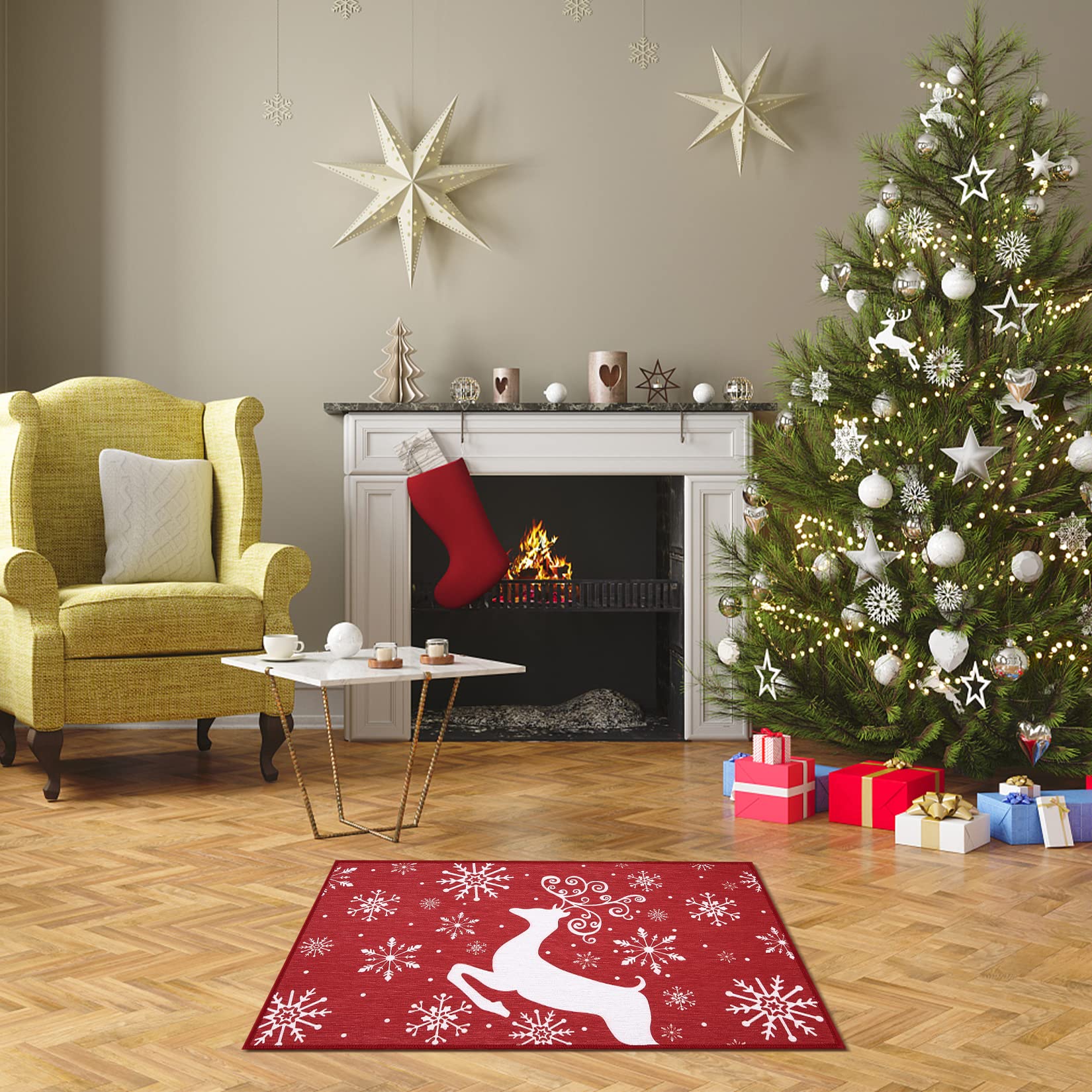 Tappetino decorativo natalizio Garvee, antiscivolo, 40x60 cm, per uso interno ed esterno, resistente, motivo natalizio per l'ingresso, rosso