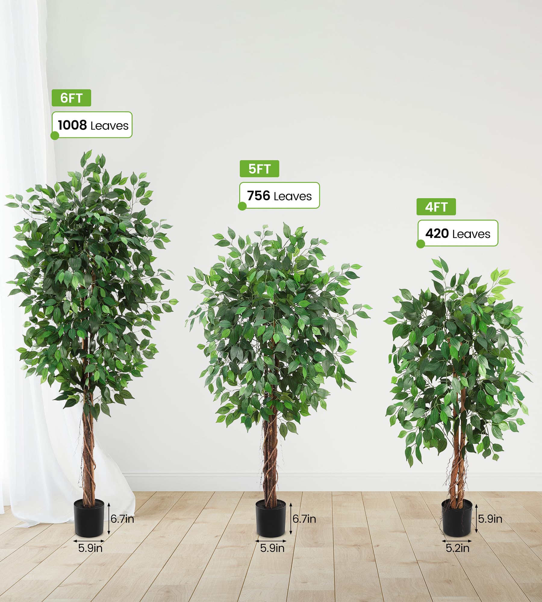 Albero di ficus artificiale Garvee da 6 piedi con tronco in legno naturale, tronco regolabile, poliestere, vaso in plastica robusta per ufficio e soggiorno, 183 cm, verde