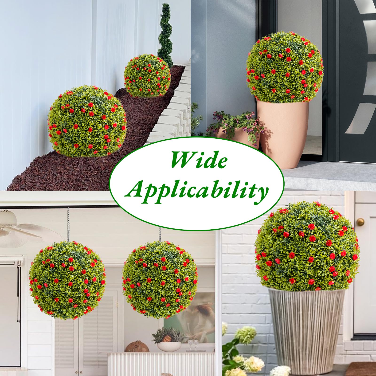 Garvee 22,4" Set di 2 palle di bosso artificiali con fiori rossi per balcone e giardino Materiale PE resistente alle intemperie Verde