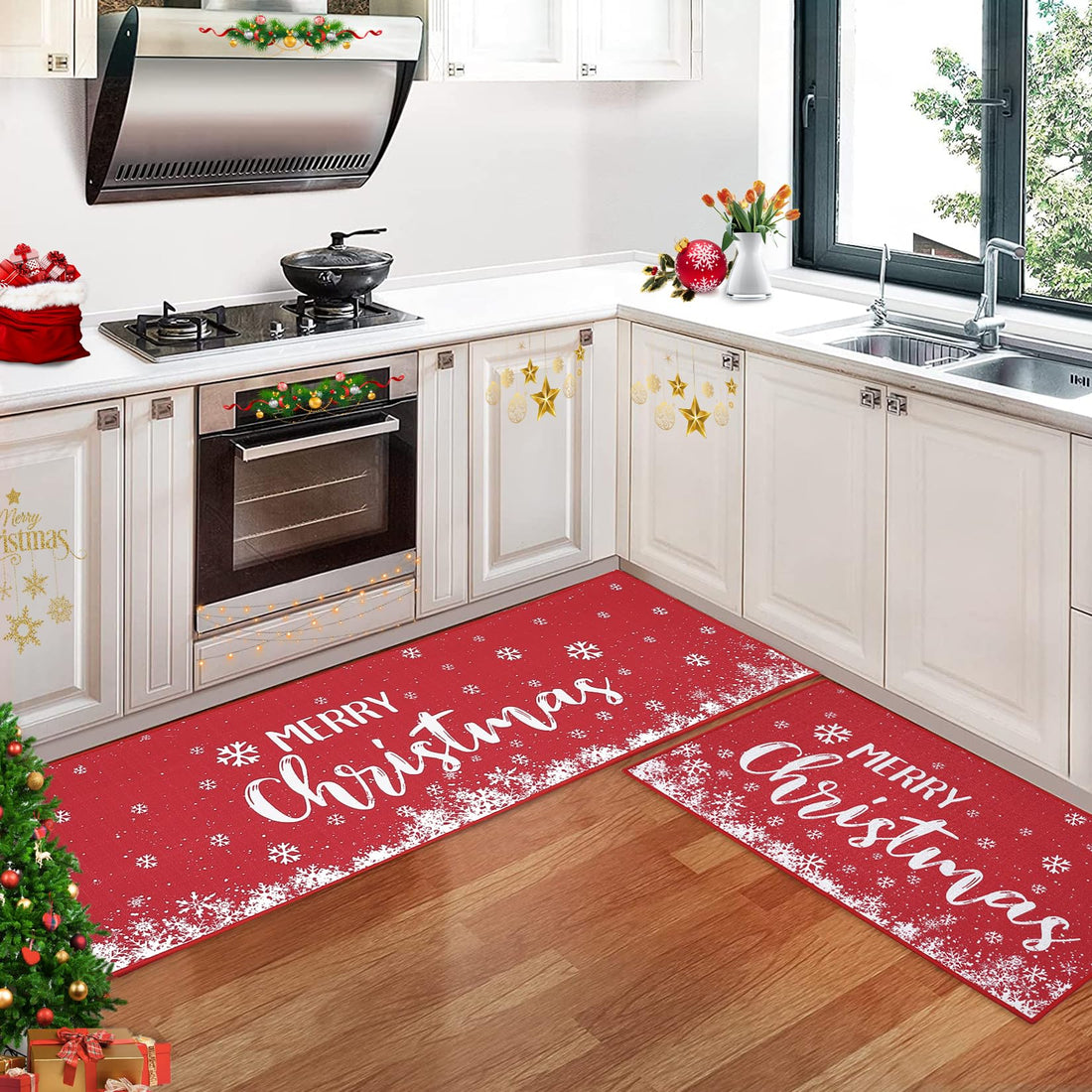 Garvee Küchenläufer 2er Set Rutschfest Waschbar Schneeflocken Leinenoptik Rot 40x60cm 40x120cm Festliche Weihnachtsdeko