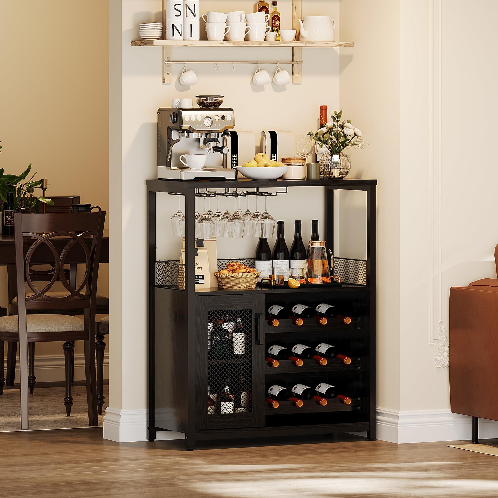 Mobile bar per vino Garvee con luce LED, ripiani regolabili, porta a rete, MDF e metallo, 36 pollici, cucina e sala da pranzo, base stabile, nero