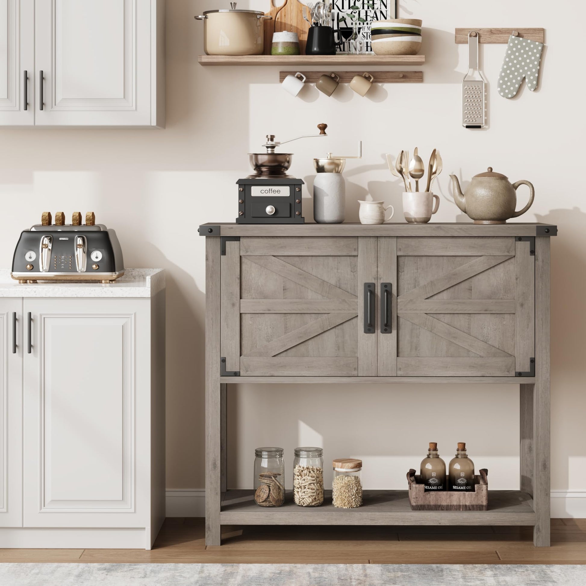 Tavolo consolle in legno Garvee Farmhouse con 2 ante per cucina e corridoio, 80x30x90 cm, grigio, robusto e multifunzionale