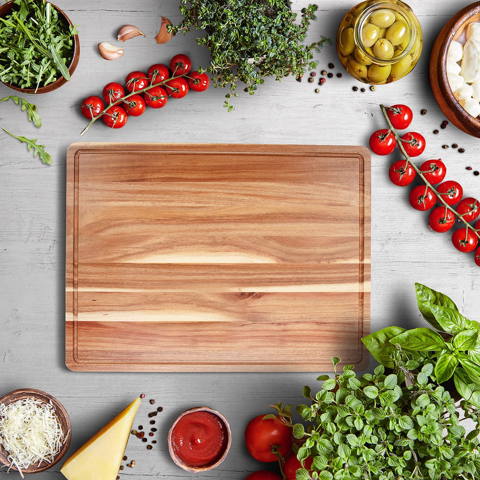 Tagliere in legno di acacia Garvee 60 x 45 x 3 cm con scanalatura per il succo – Utilizzabile su entrambi i lati, robusto e versatile per la cucina e il divertimento