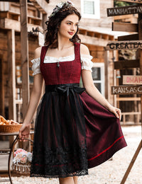 Garvee - Set da 3 pezzi in Dirndl tradizionale midi da donna per Oktoberfest, Carnevale e Martedì Grasso, rosso, taglia 42