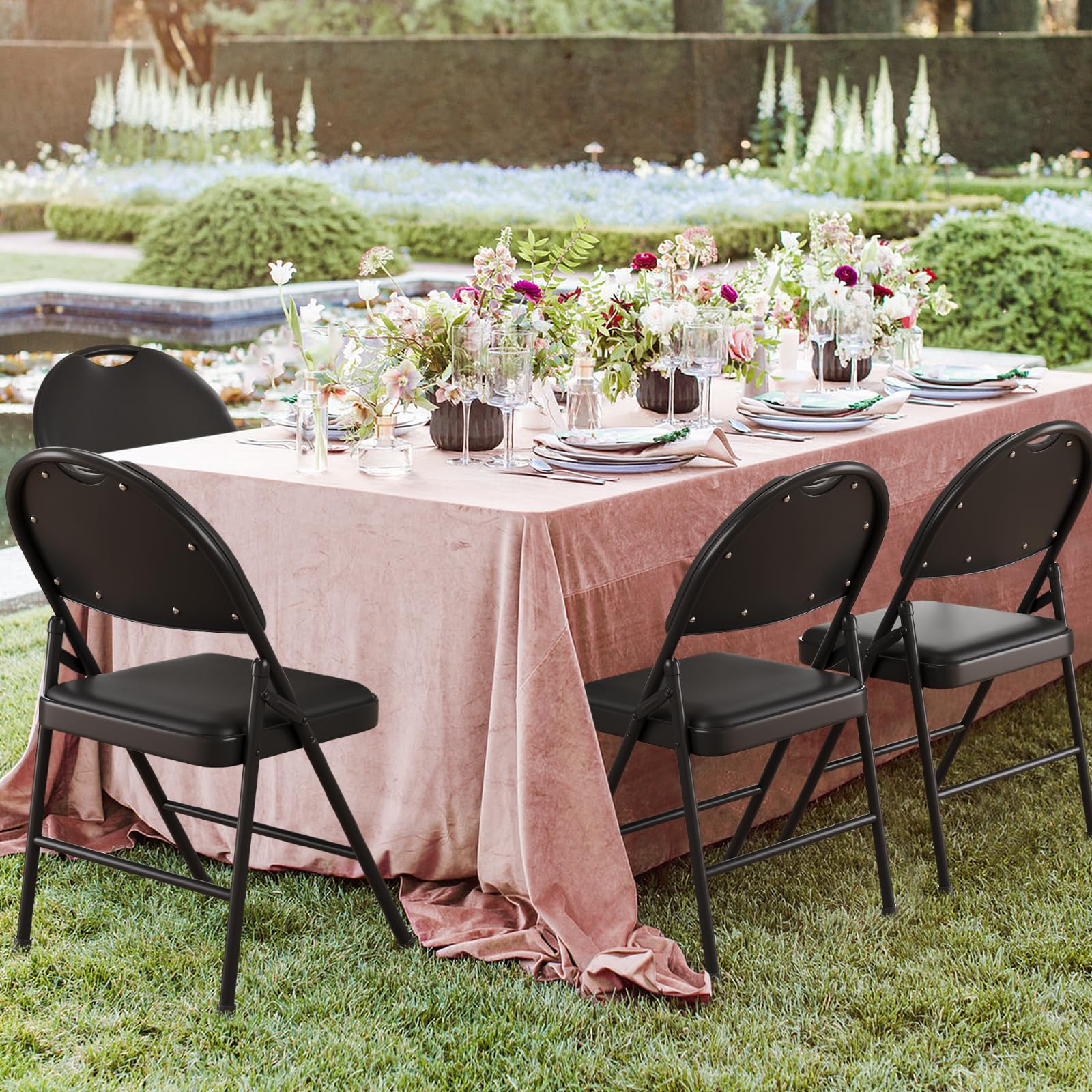 Set di 4 sedie pieghevoli Garvee in similpelle, ergonomiche e leggere, struttura in metallo, impilabili per uso interno ed esterno, nere, capacità di carico di 350 libbre