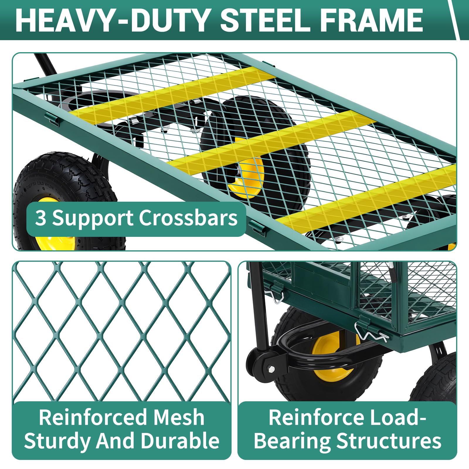 Carrello da Giardino in Acciaio Garvee per Festa del Papà | 550 libbre, Maniglia 180° Girevole, Ruote Pneumatiche 10", Lati Rimovibili, Nero