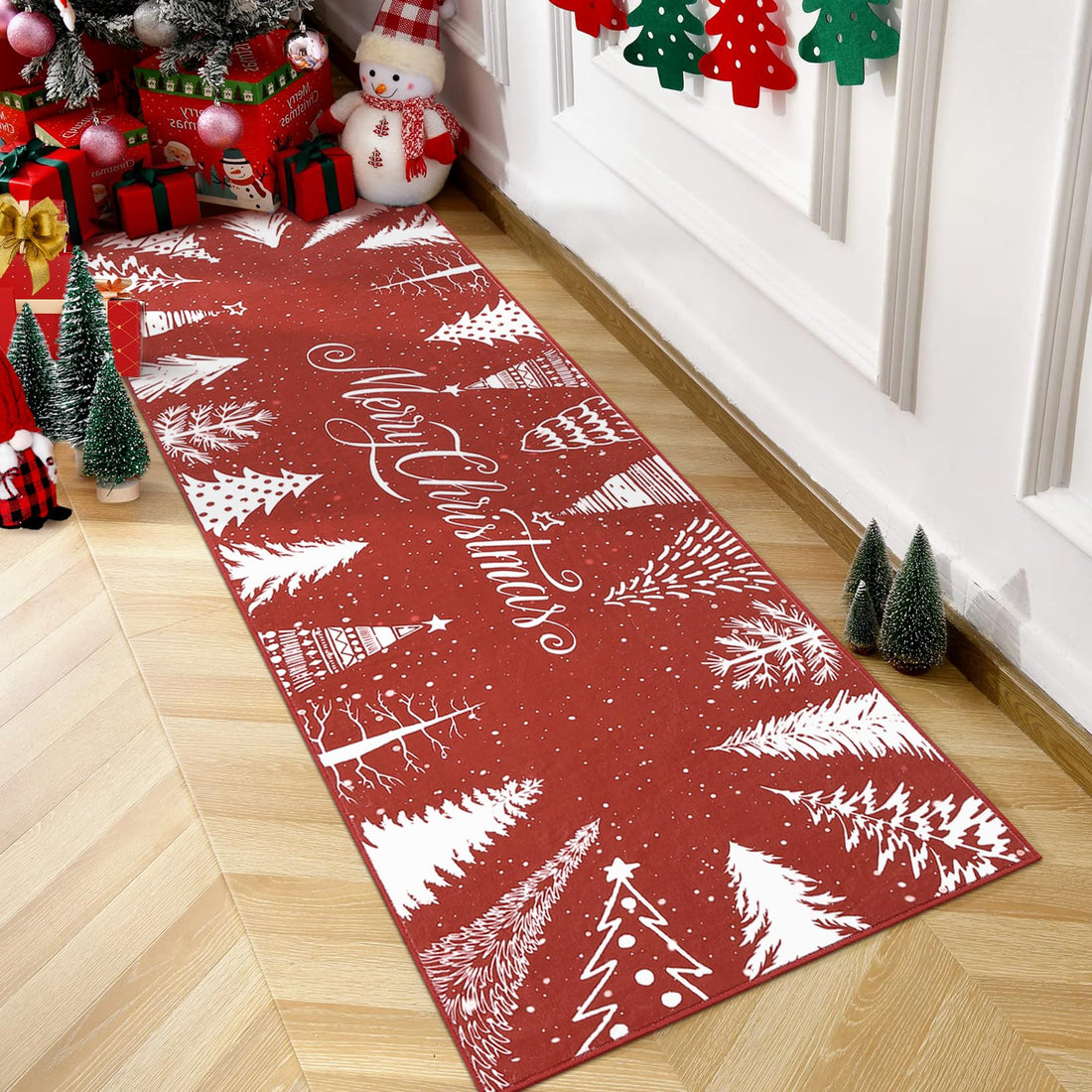Garvee Tappeto antiscivolo romantico con albero di Natale e fiocchi di neve per soggiorno, camera da letto, cucina, corridoio, ufficio, rosso 60x180 cm