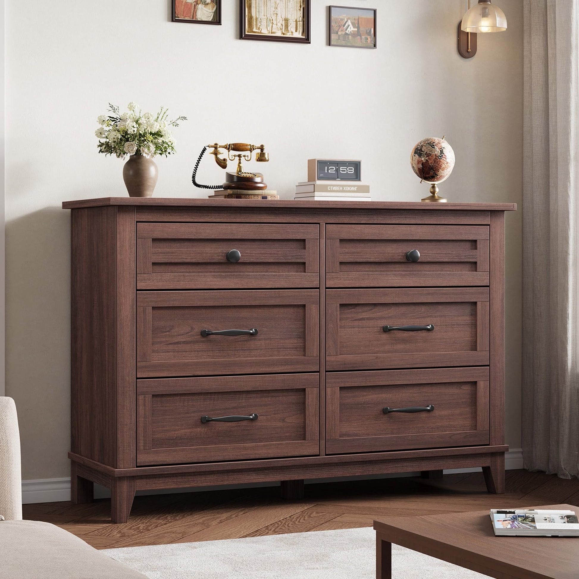 Cassettiera Garvee Farmhouse a 6 cassetti, in legno bianco, robusta, con ampio spazio di archiviazione per camera da letto, soggiorno, corridoio, 120x40,1x81,3 cm