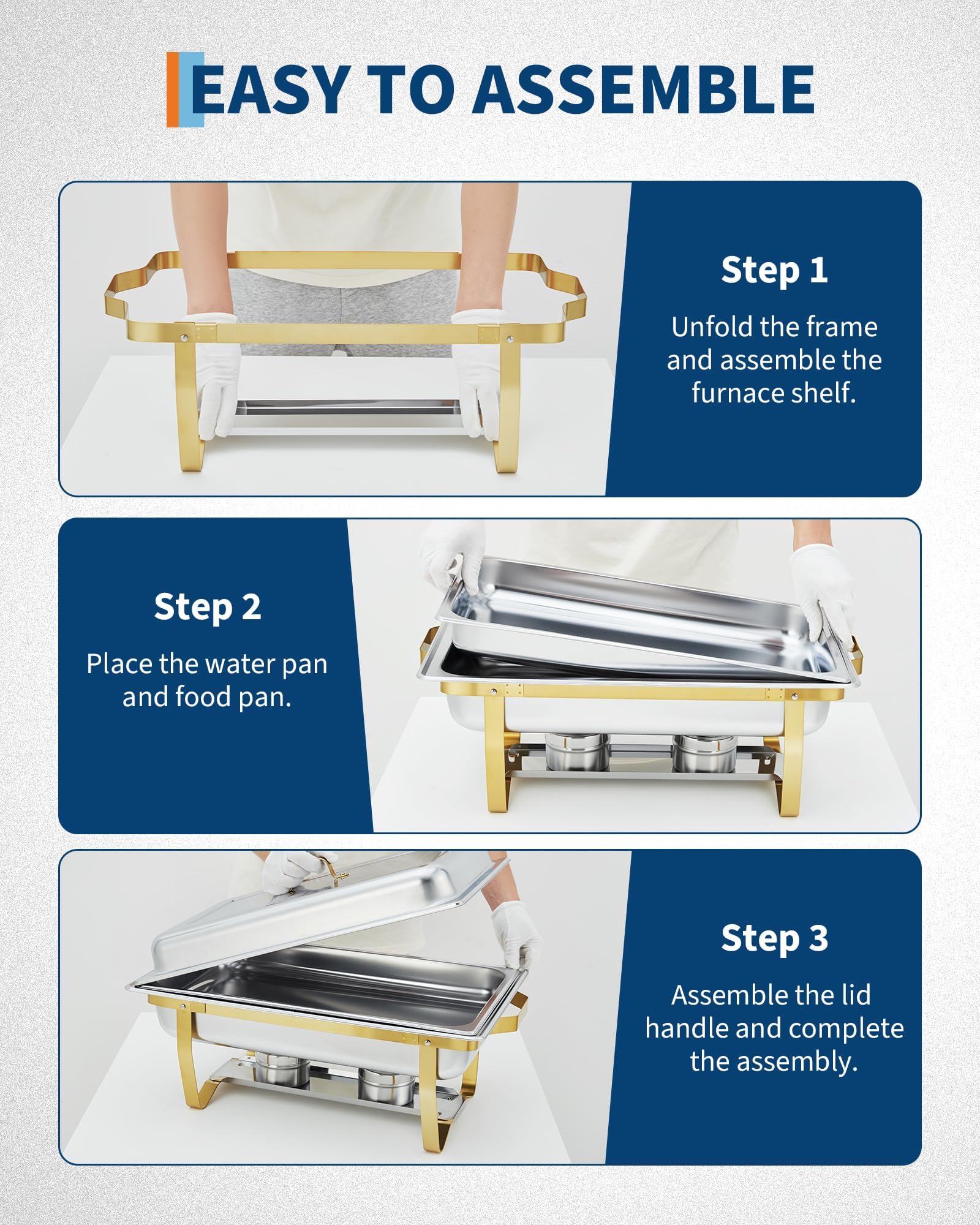 Garvee Chafing Dish Buffet Set da 6, 8QT, Acciaio Inox, Doppia Temperatura, Telaio Pieghevole, Oro, per Feste e Catering