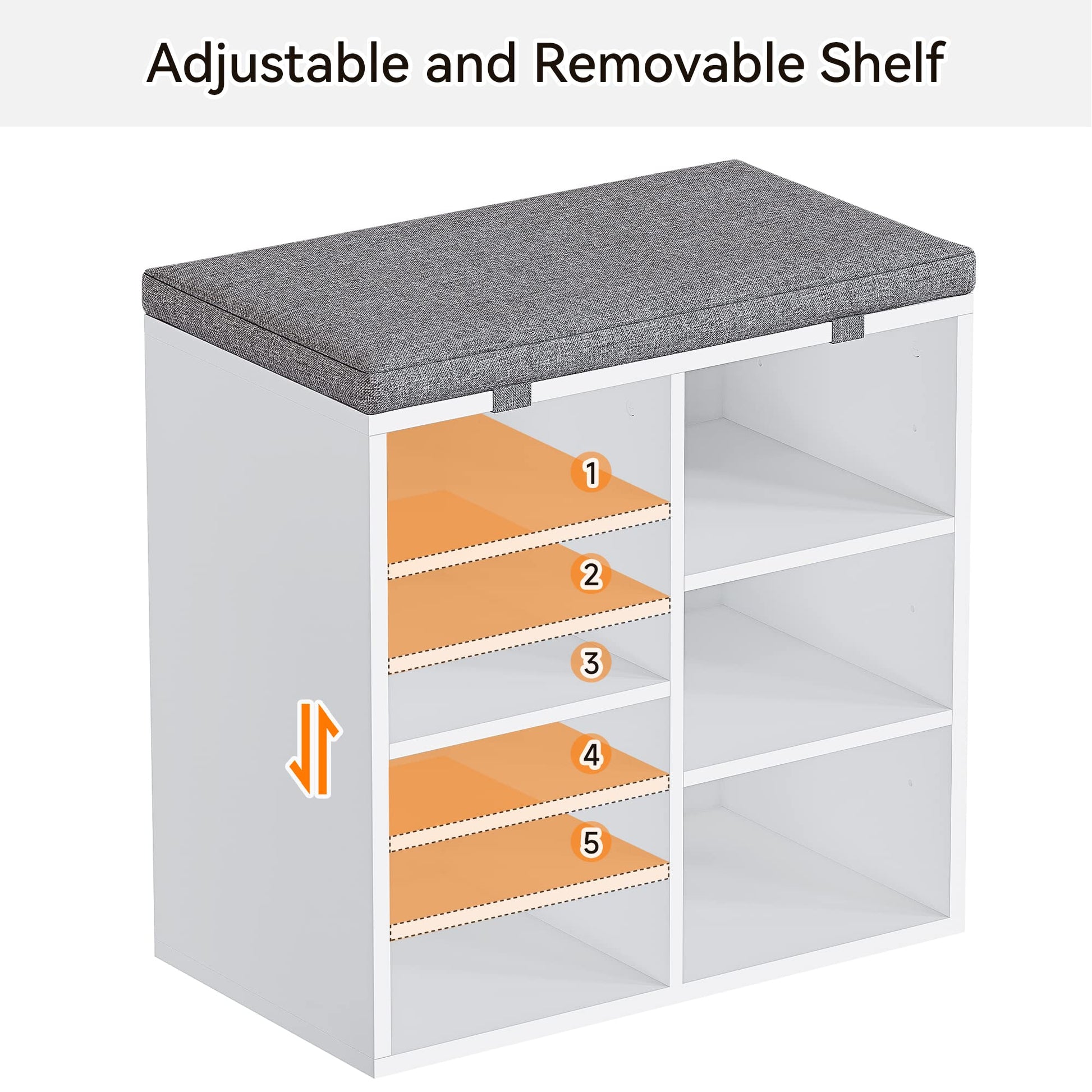 Panca portascarpe Garvee con cuscino, regolabile su 3 livelli, 5 scomparti, cotone-lino, bianco, 20 pollici, per corridoio e camera da letto