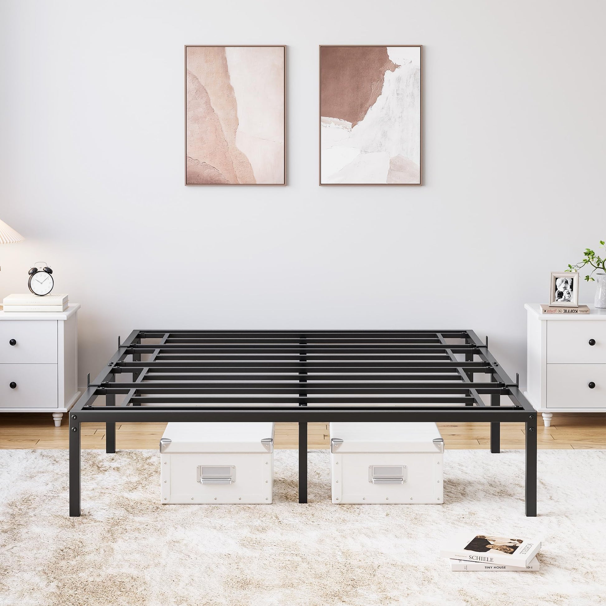 Garvee Queen Metal Bed Frame 14 pollici, struttura in acciaio robusto, silenzioso, antiscivolo, con contenitore, camera da letto, nero
